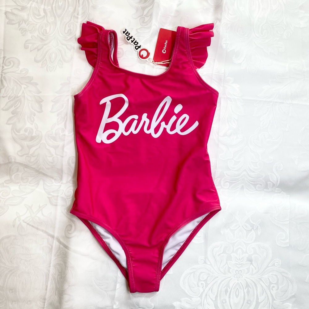 Girl Barbie positioning printed Hot Pink one-piece swimsuit